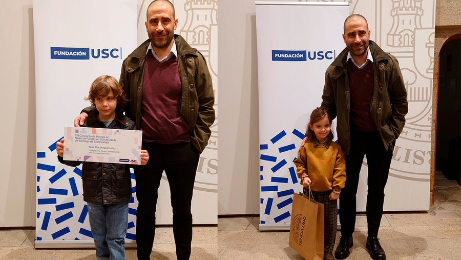 O xerente da Fundación USC, Óscar Hermida, con Brais Monterroso (á esquerda) e Alba Vázquez (á dereita)